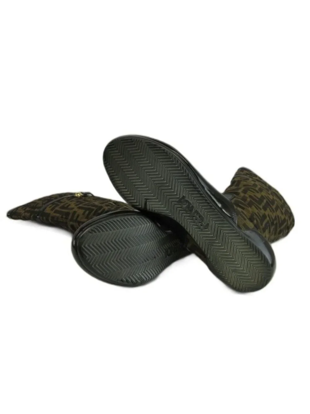 Fendi Long Boots Canvas Patent Cut Replacement Round Toe Flat Zucca Pattern